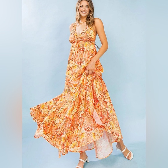 Flying Tomato Vibrant Orange Floral Maxi Dress - Size L - Picture 1 of 7